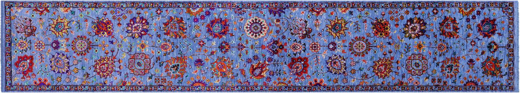 Blue Persian Tabriz Hand Knotted Wool & Silk Runner Rug - Manhattan Rugs