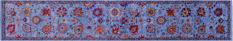 Blue Persian Tabriz Hand Knotted Wool & Silk Runner Rug - Manhattan Rugs