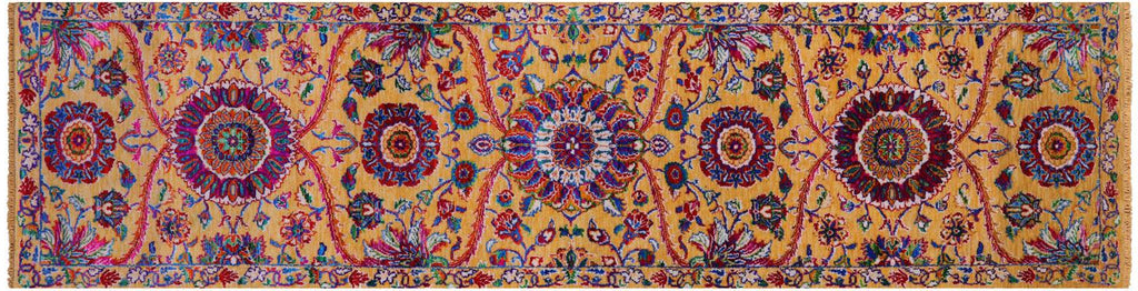 Gold 2' 6" X 10' 1"Persian Tabriz Handmade Wool & Silk Runner Rug - Manhattan Rugs