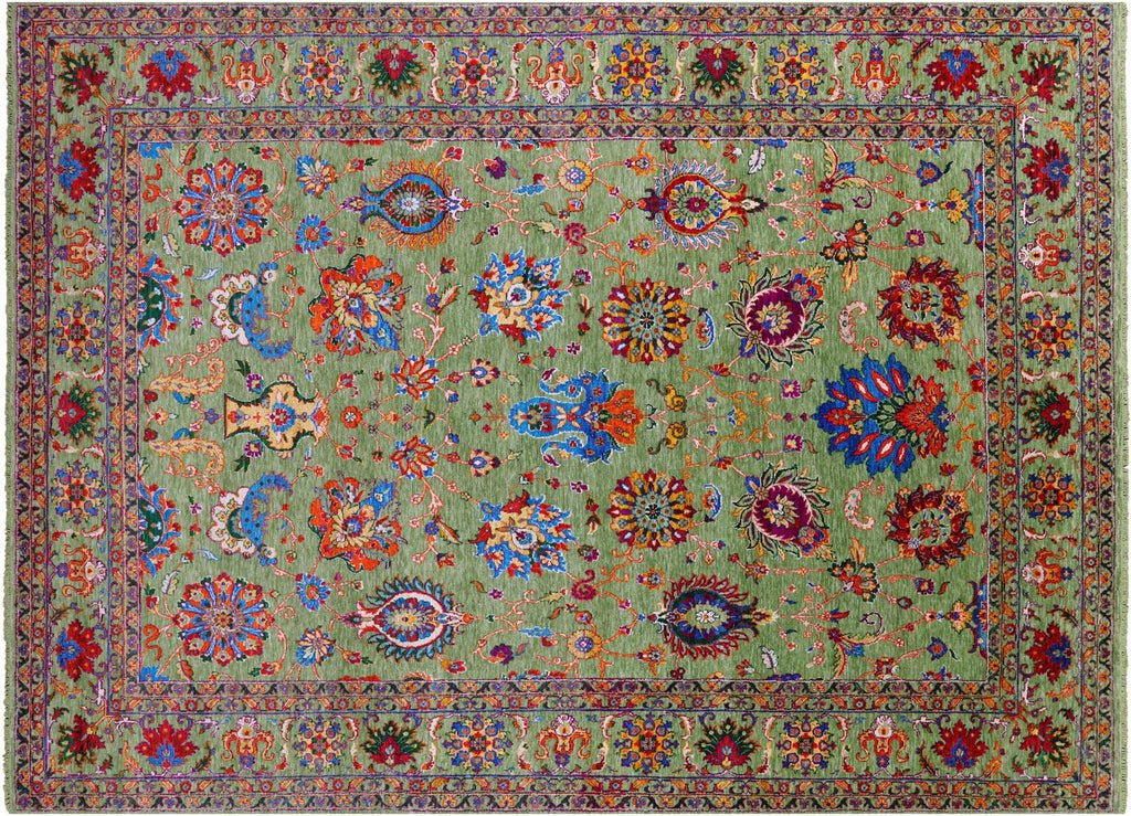 Green Persian Tabriz Wool & Silk Handmade Rug - Manhattan Rugs