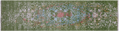Green Persian Tabriz Handmade Wool & Silk Runner Rug - Manhattan Rugs