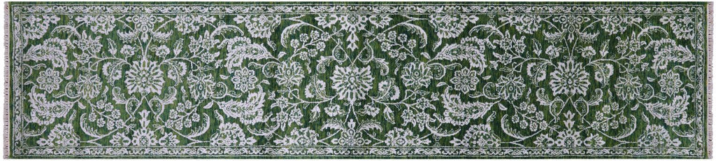 Green Persian Tabriz Handmade Wool & Silk Runner Rug - Manhattan Rugs