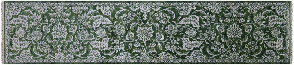 Green Persian Tabriz Hand-Knotted Wool & Silk Runner Rug - Manhattan Rugs
