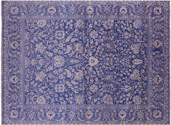 Blue Persian Tabriz Wool & Silk Hand-Knotted Rug 9' 0