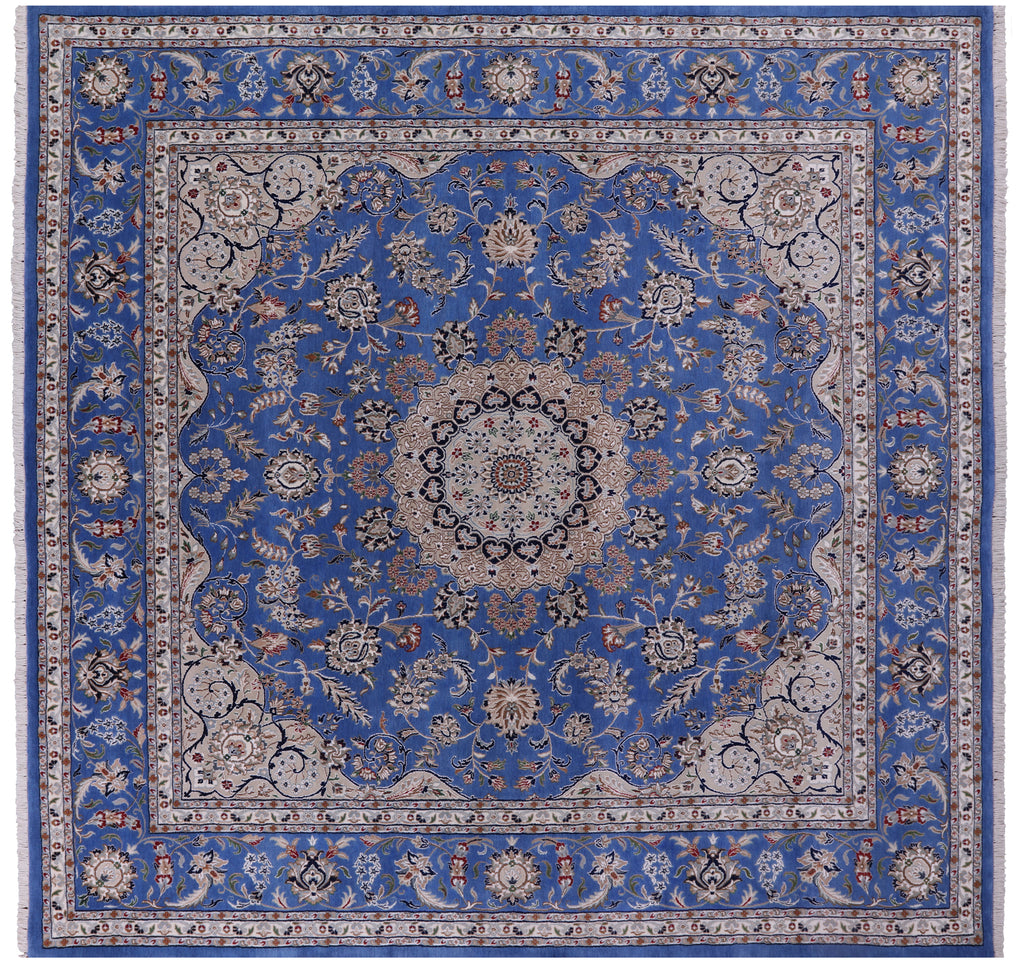 Blue 10' Square Persian Nain Hand Knotted Wool & Silk Rug - Q23600
