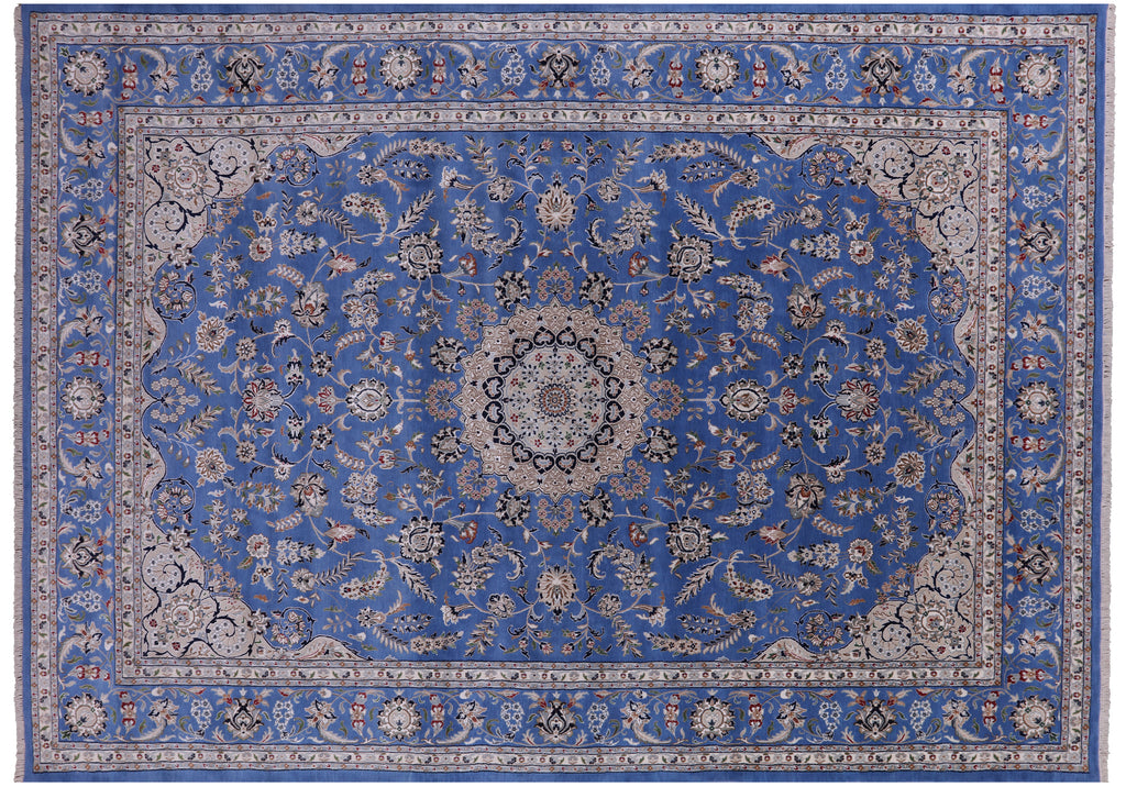 Blue 9' 9" X 14' 0" Persian Nain Handmade Wool & Silk Rug - Q23606