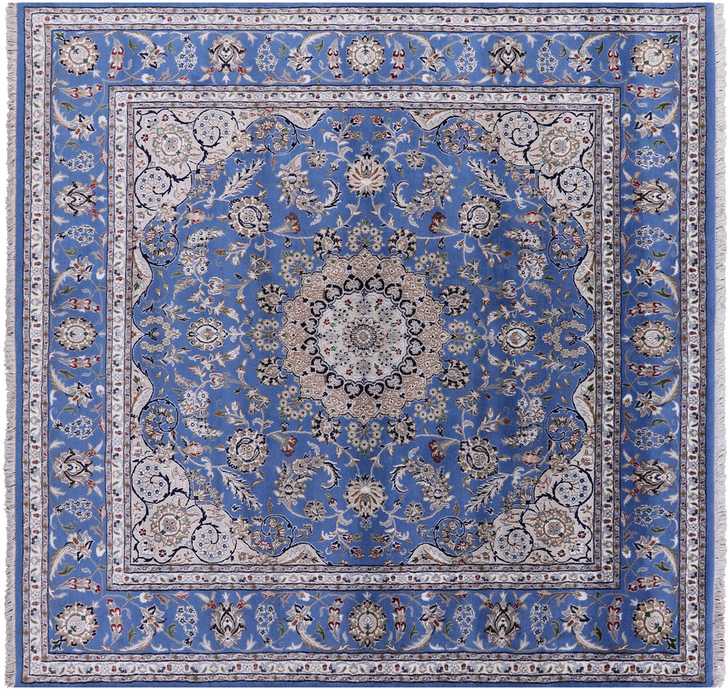 Blue 8' Square Persian Nain Hand Knotted Wool & Silk Rug - Q23608