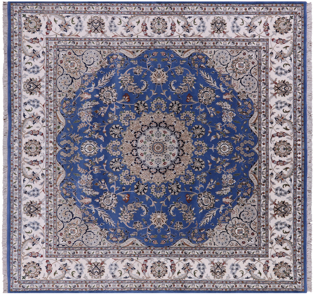 Blue 9' Square Persian Nain Handmade Wool & Silk Rug - Q23610