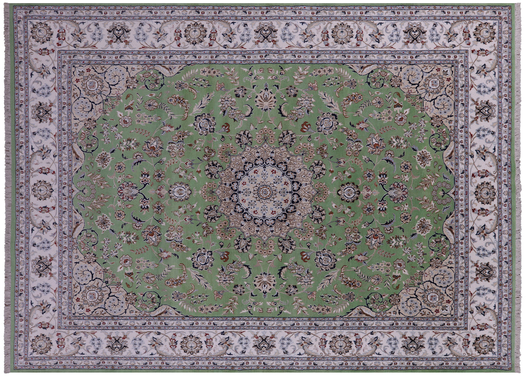 Green Persian Nain Hand Knotted Wool & Silk 7' 11" X 10' 0" Rug - Q23611