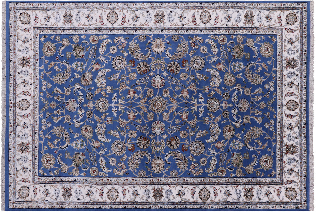 Blue 5' 10" X 9' 0" Persian Nain Handmade Wool & Silk Rug - Q23612