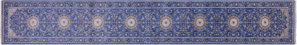 Blue 2' 9" X 18' 2" Persian Nain Hand Knotted Wool & Silk Runner Rug - Q23615