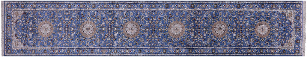 Blue Persian Nain Hand Knotted Wool & Silk Runner Rug 2' 7" X 14' 0" - Q23617