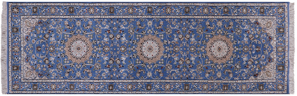Blue 2' 8" X 8' 1" Persian Nain Hand Knotted Wool & Silk Runner Rug - Q23618