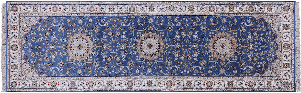 Blue 2' 7" X 8' 2" Persian Nain Handmade Wool & Silk Runner Rug - Q23619