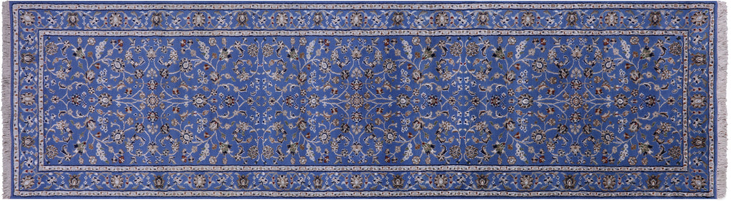 Blue 2' 9" X 10' 1" Persian Nain Hand Knotted Wool & Silk Runner Rug - Q23621