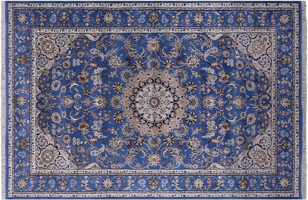 Blue 5' 10" X 9' 1" Persian Nain Hand Knotted Wool & Silk Rug - Q23623