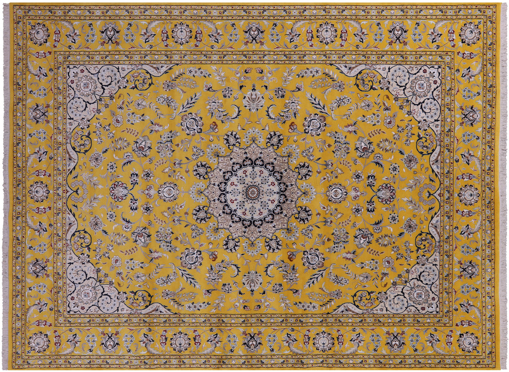 Gold Persian Nain Hand Knotted Wool & Silk Rug 9' 2" X 12' 2" - Q23625
