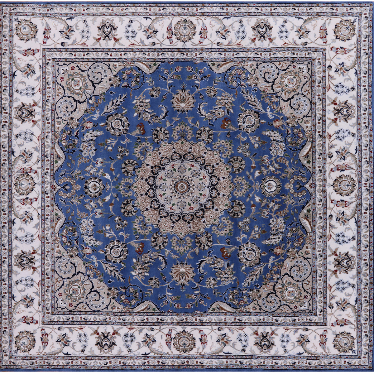 Blue 8' Square Persian Nain Handmade Wool & Silk Rug – Manhattan Rugs