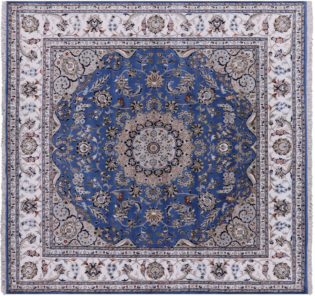 Blue 8' Square Persian Nain Handmade Wool & Silk Rug - Q23627