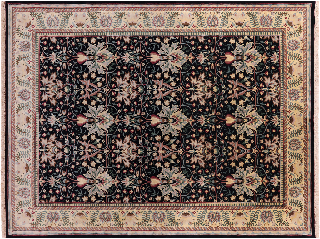 Black William Morris Hand Knotted Wool Rug 9' 1" X 12' 1" - Q23636