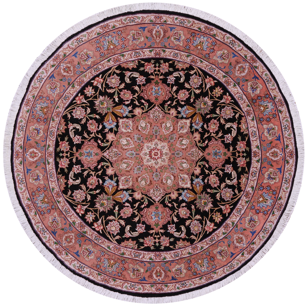 Black 5' Round Persian Tabriz Hand Knotted Wool & Silk Rug - Q23666