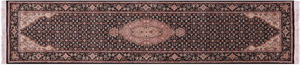 Black 2' 4" X 10' 2" Persian Tabriz Handmade Wool & Silk Runner Rug - Q23676