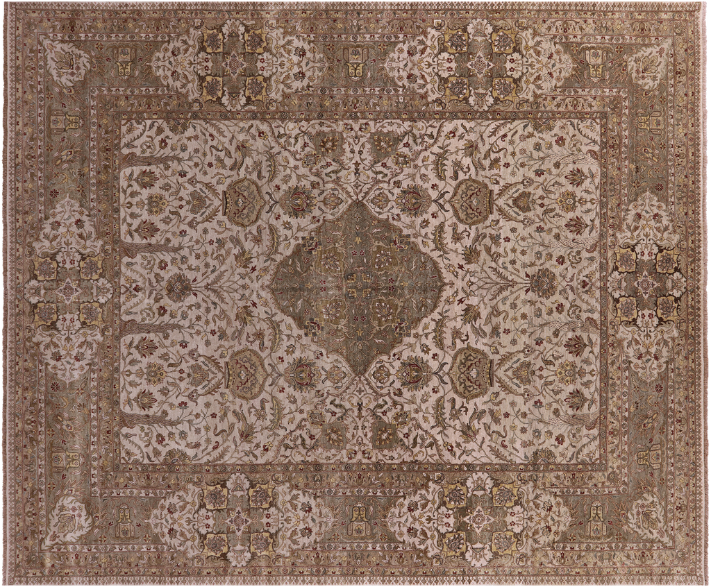 Ivory/Olive Green Border Persian Tabriz Handmade Wool Rug 11' 8" X 15' 0" - Q23719