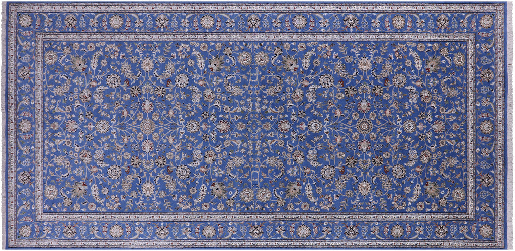 Blue 9' 0" X 19' 1" Persian Nain Handmade Wool & Silk Rug - Q23738
