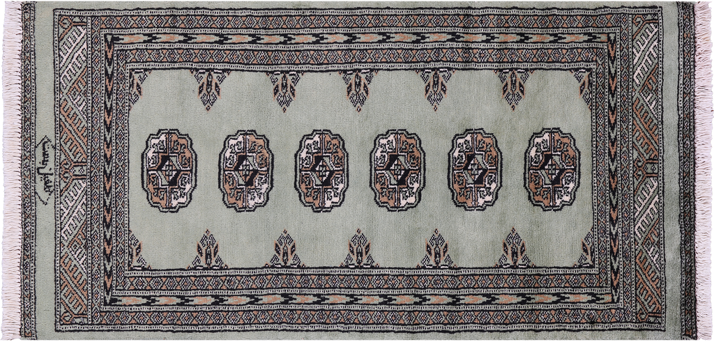Green Signed Silky Bokhara Handmade Wool Rug 2' 1" X 4' 1" - Q23867
