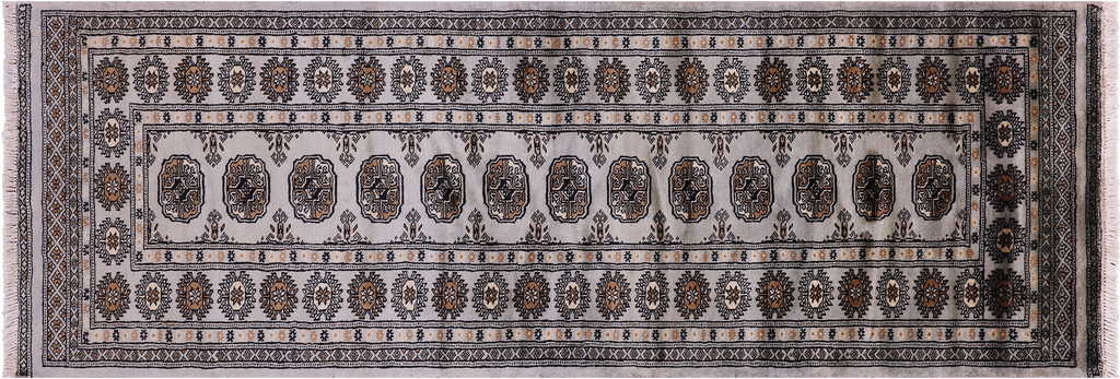 Grey 2' 7" X 7' 7" Runner Silky Bokhara Hand-Knotted Wool Rug - Q23878