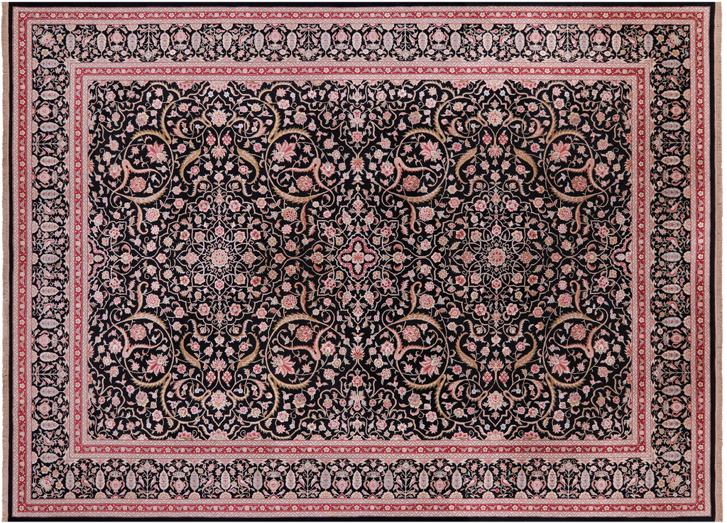 9' 0" X 12' 0" Black Persian Tabriz Handmade Wool & Silk Rug - Q23901