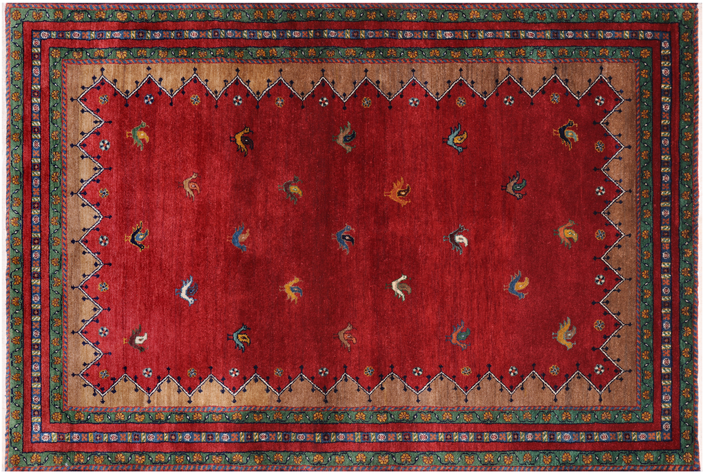 Red 4' 0" X 5' 11" Tribal Persian Gabbeh Hand Knotted Wool Rug - Q23911