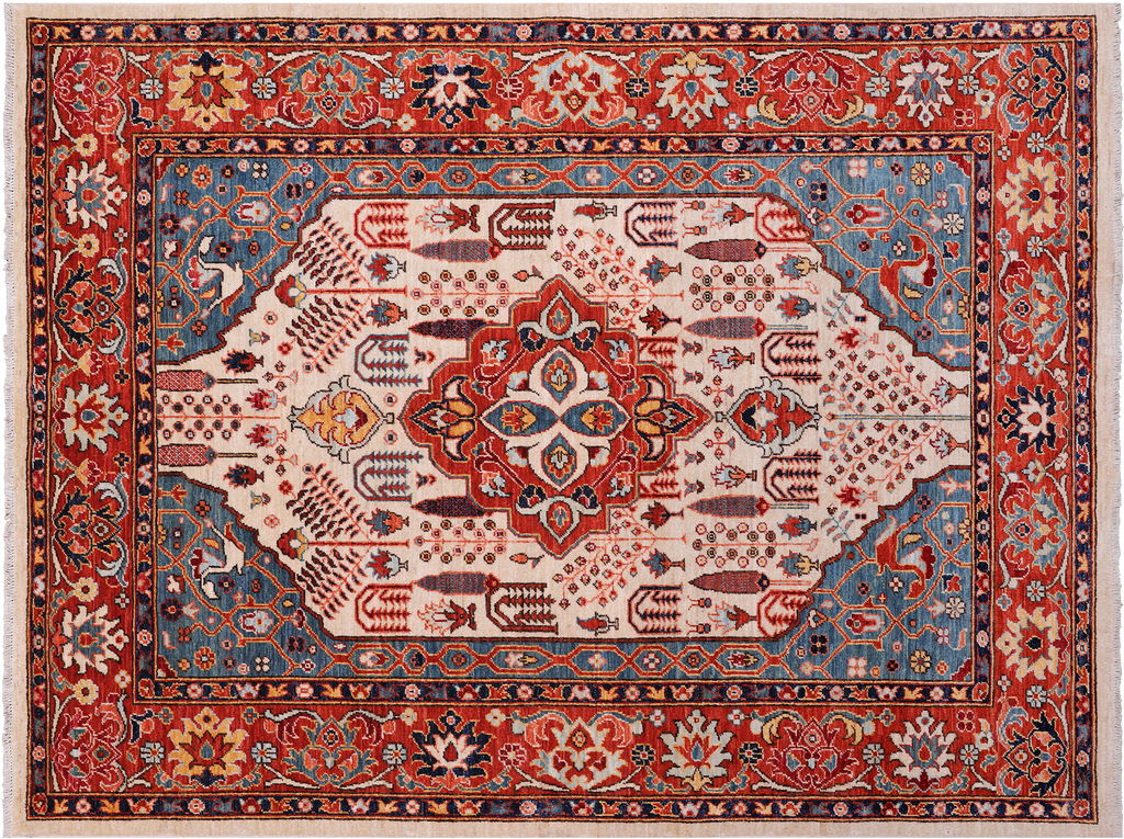 Ivory 5' 6" X 6' 10" Persian Heriz Serapi Hand-Knotted Wool Rug - Q23916