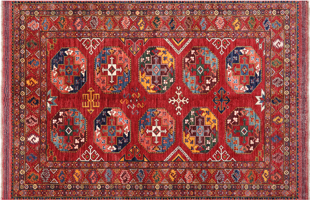Red 5' 10" X 8' 7" Super Turkmen Ersari Hand Knotted Wool On Wool Rug - Q23919