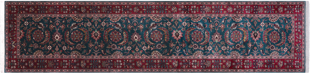 Emerald Green 2' 7" X 11' 0" Persian Fine Tabriz Hand-Knotted Wool Runner Rug - Q23925