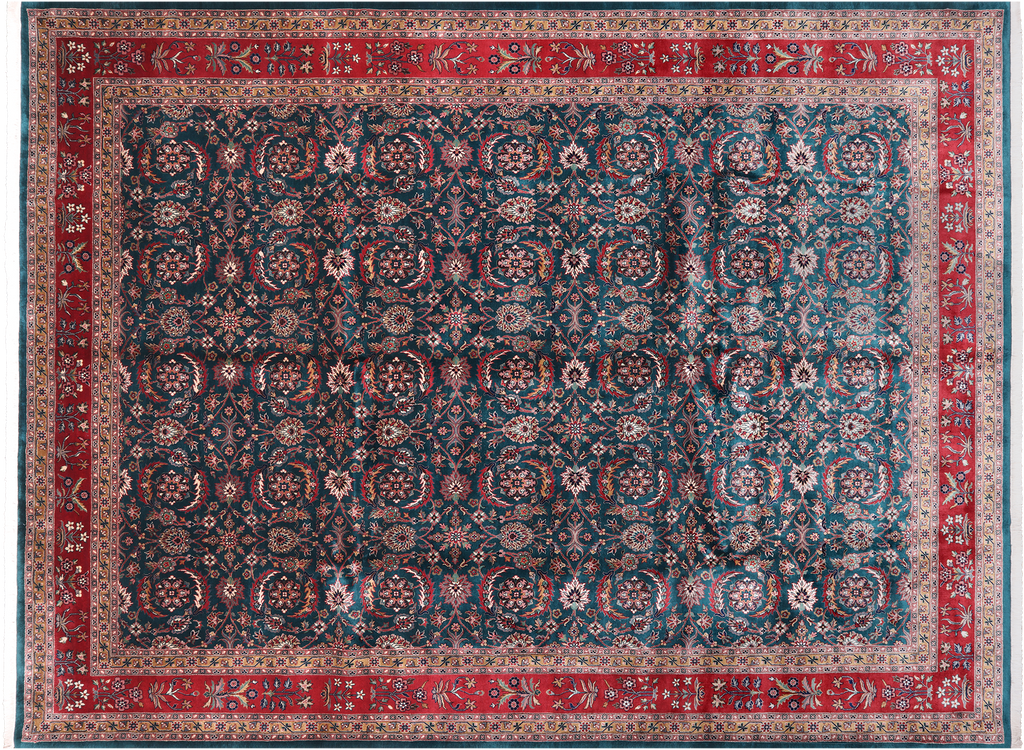 Emerald Green 9' 1" X 12' 2" Persian Fine Tabriz Handmade Wool Rug - Q23928
