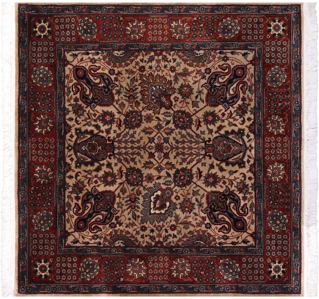 Khaki 4' Square Persian Fine Tabriz Handmade Wool Rug - Q23939