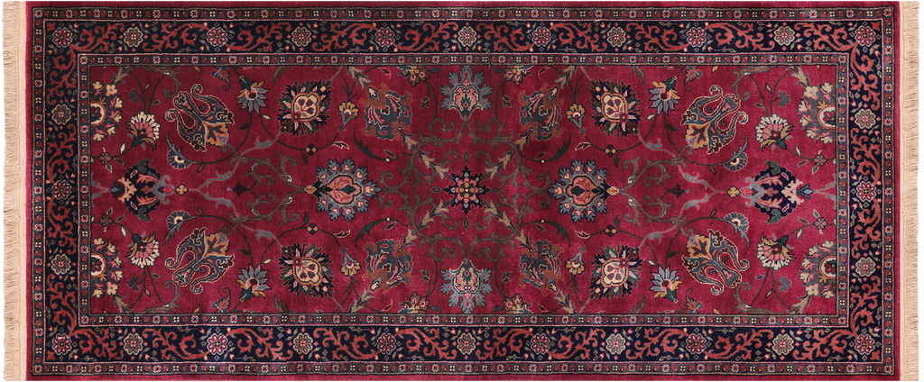 Wine/Navy 2' 6" X 6' 0" Persian Fine Tabriz Hand-Knotted Wool Runner Rug - Q23949