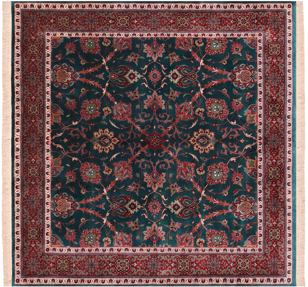 Emerald Green 5' Square Persian Fine Tabriz Hand-Knotted Wool Rug - Q23951