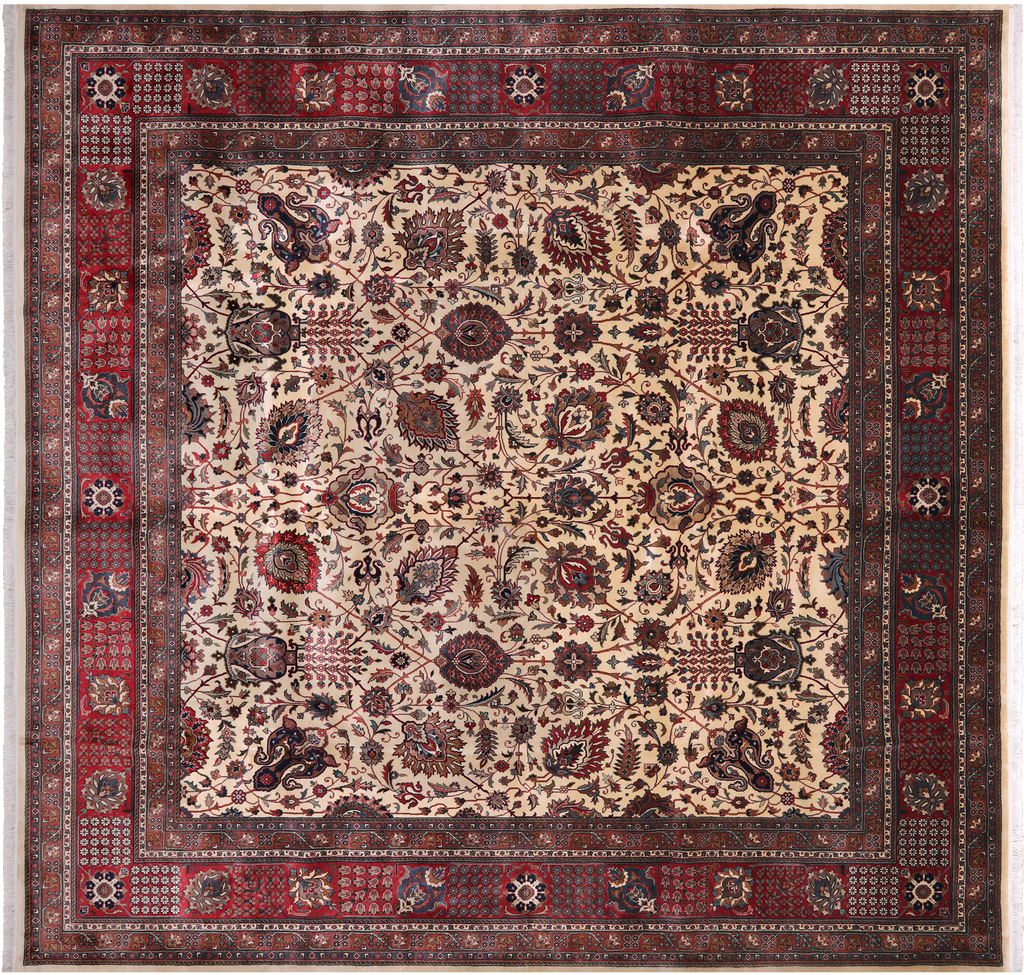 Beige 10' Square Persian Fine Tabriz Hand Knotted Wool Rug - Q23953