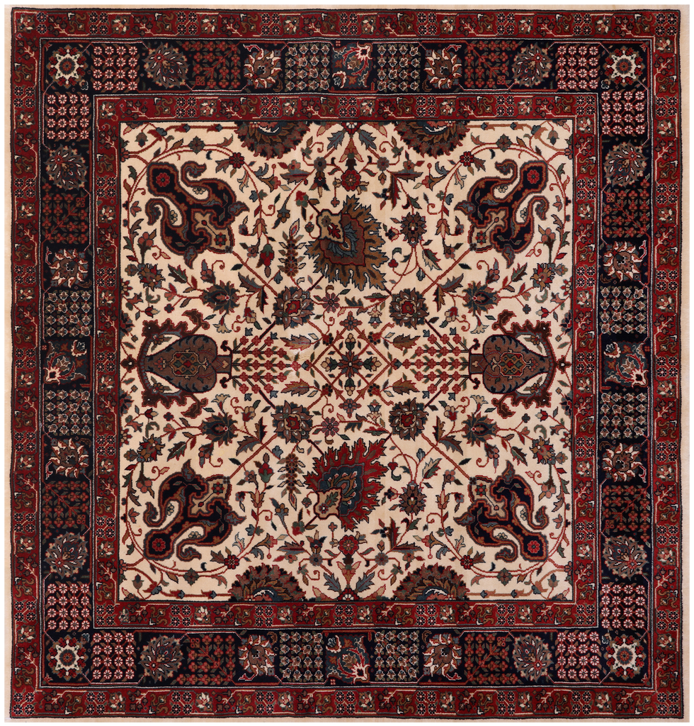 Beige 5' Square Persian Fine Tabriz Hand-Knotted Wool Rug - Q23954