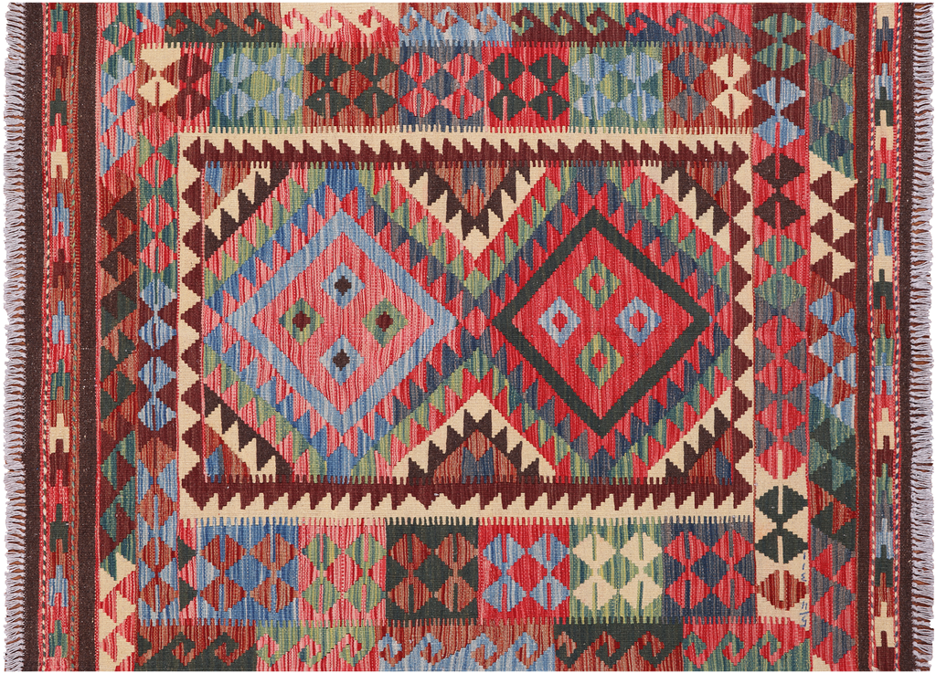 4' 1" X 5' 6" Reversible Kilim Flat Weave Wool On Wool Rug - Q23962