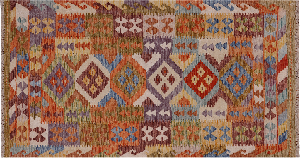 3' 5" X 6' 4" Wool On Wool Kilim Flat Weave Runner Reversible Rug - Q23965