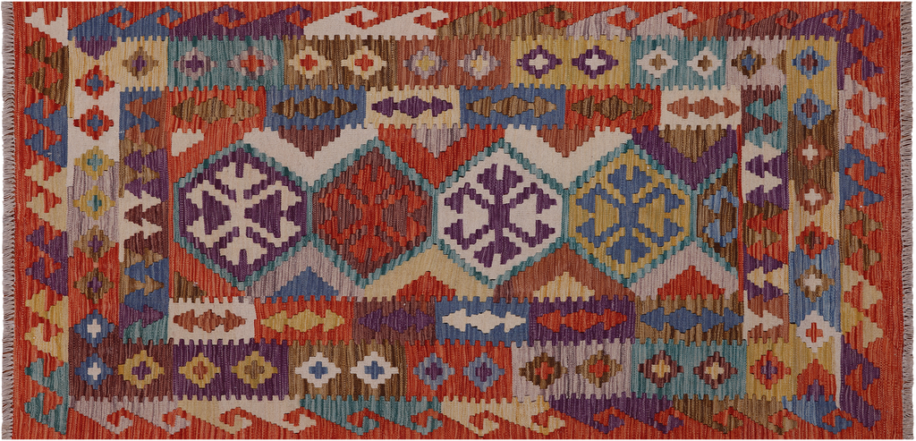 3' 3" X 6' 6" Runner Kilim Flat Weave Reversible Wool On Wool Rug - Q23969