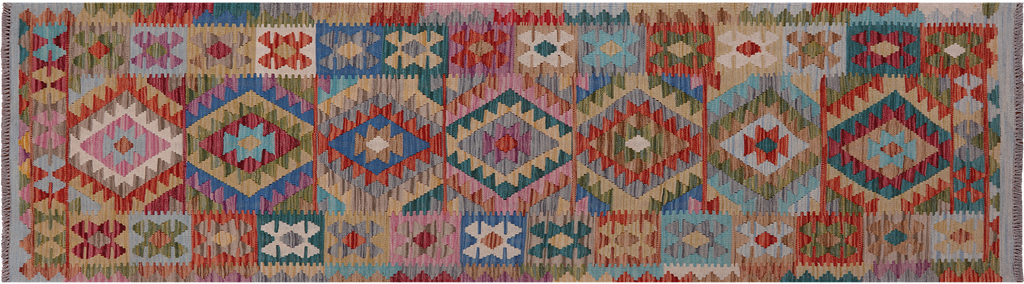 2' 8" X 9' 7" Runner Kilim Flat Weave Reversible Wool On Wool Rug - Q23975