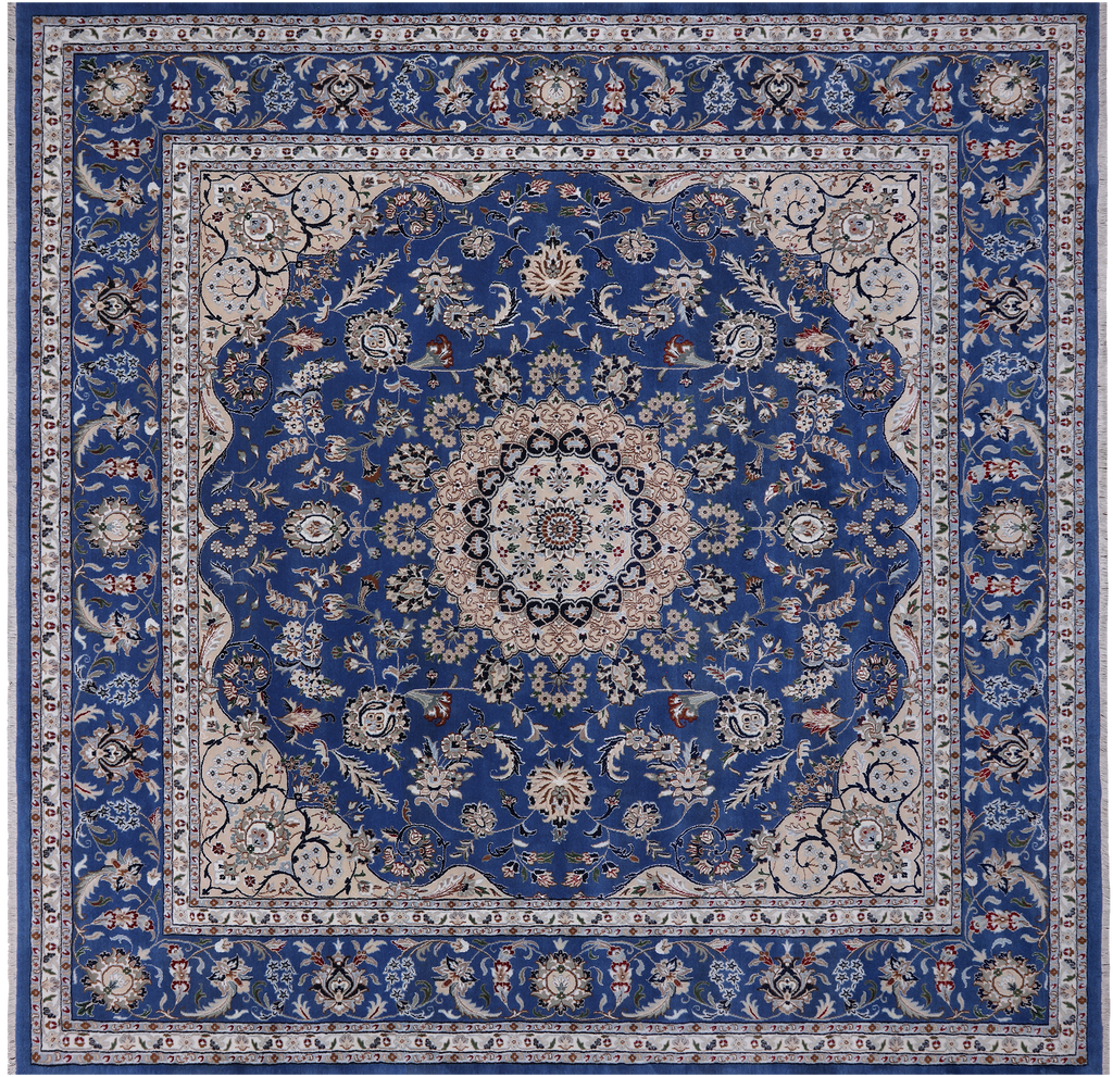 Blue 10' Square Persian Nain Hand Knotted Wool & Silk Rug - Q24009