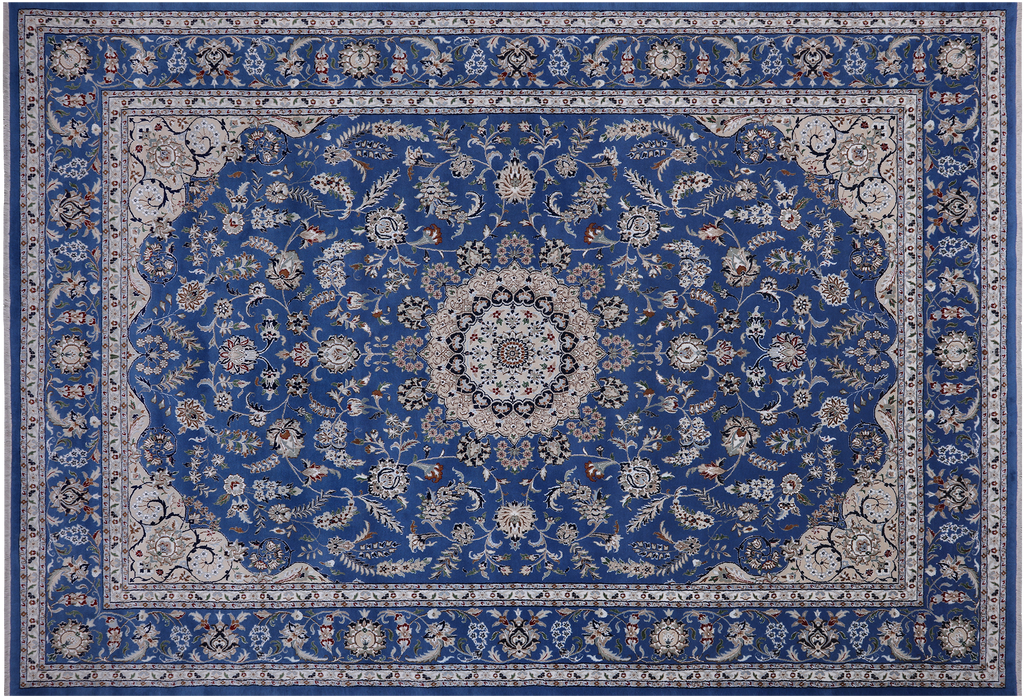 Blue 9' 9" X 14' 0" Persian Nain Handmade Wool & Silk Rug - Q24010