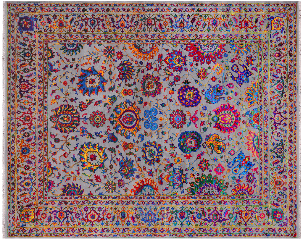Grey 8' 1" X 10' 1" Persian Tabriz Hand Knotted Wool & Silk Rug - Q24011
