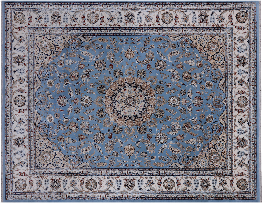 Blue 7' 11" X 10' 2" Persian Nain Hand Knotted Wool & Silk Rug - Q24012