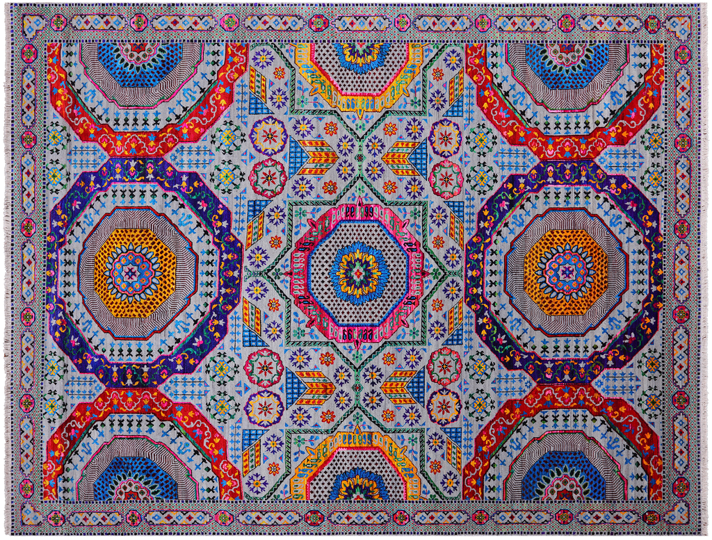 Grey 9' 0" X 12' 0" Mamluk Hand-Knotted Wool & Silk Rug - Q24013